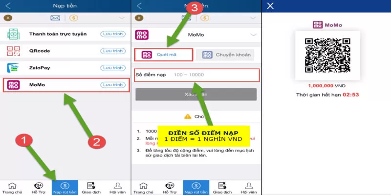 Sân chơi hỗ trợ đa dạng các loại hình nạp - rút khác nhau Sân chơi hỗ trợ đa dạng các loại hình nạp - rút khác nhau